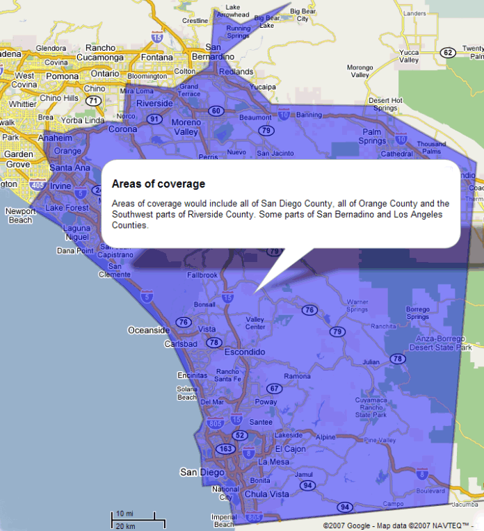 Areas of coverage map - include all of San Diego County, all of Orange County and the Southwest parts of Riverside County. Some parts of San Bernadino and Los Angeles Counties.